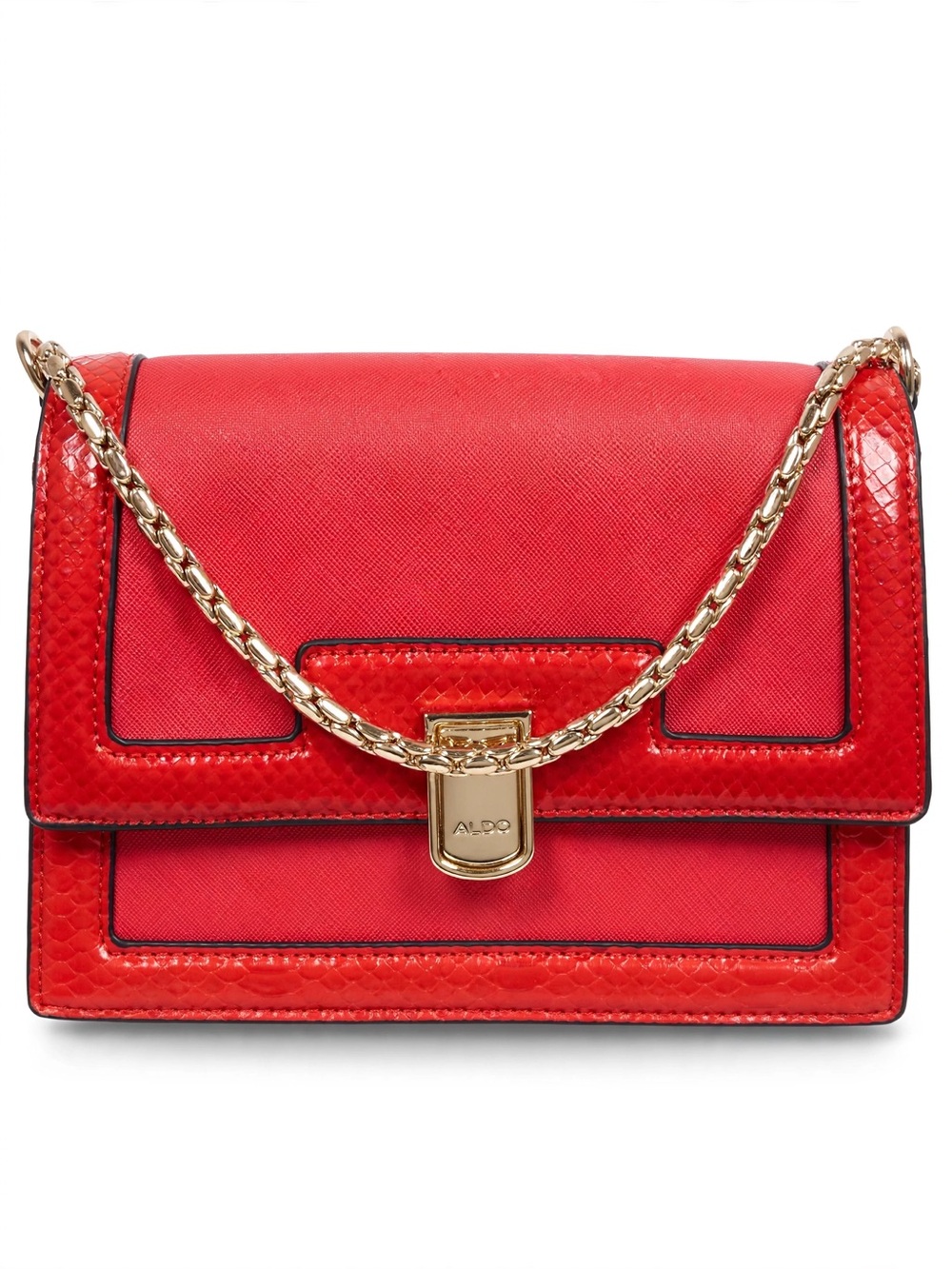 ALDO Red Structured Crossbody Bag Gold Chain Shoulder Purse Faux Leather